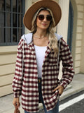 Drawstring Plaid Long Sleeve Hooded Jacket - Trendsi