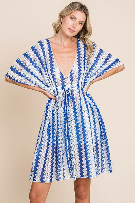 Cotton Bleu by Nu Lab Tied Striped Plunge Half Sleeve Cover-Up - Trendsi