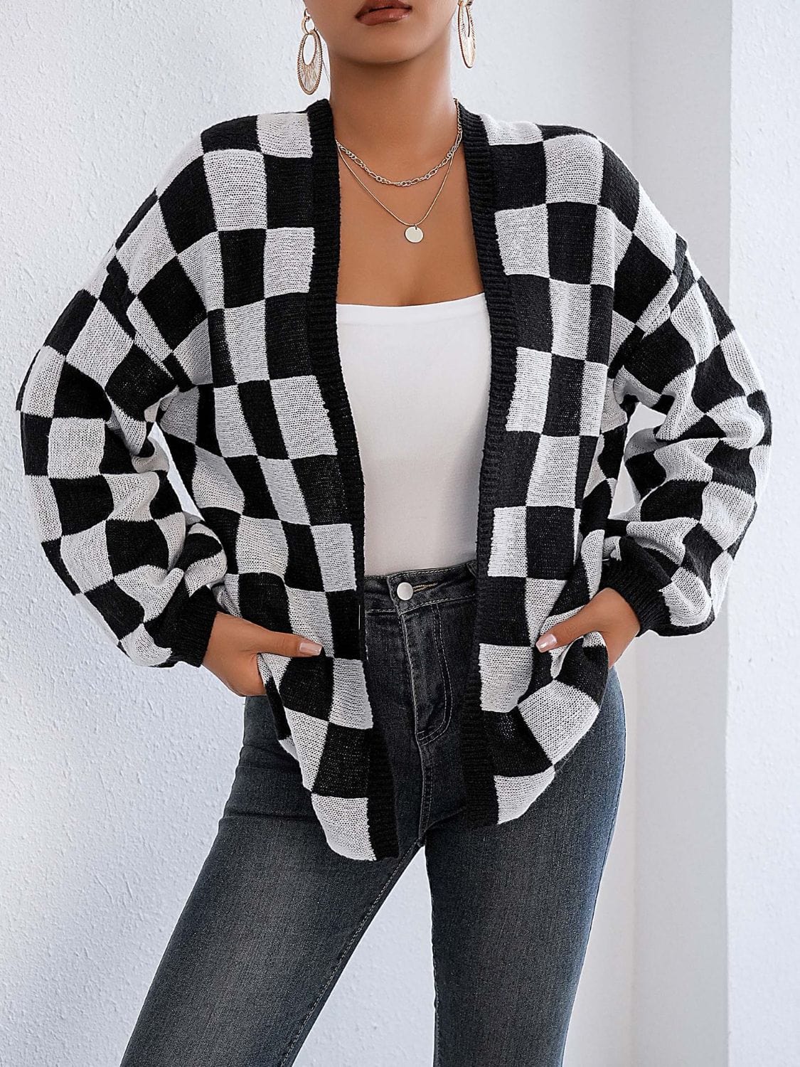 Checkered Open Front Long Sleeve Cardigan - Trendsi