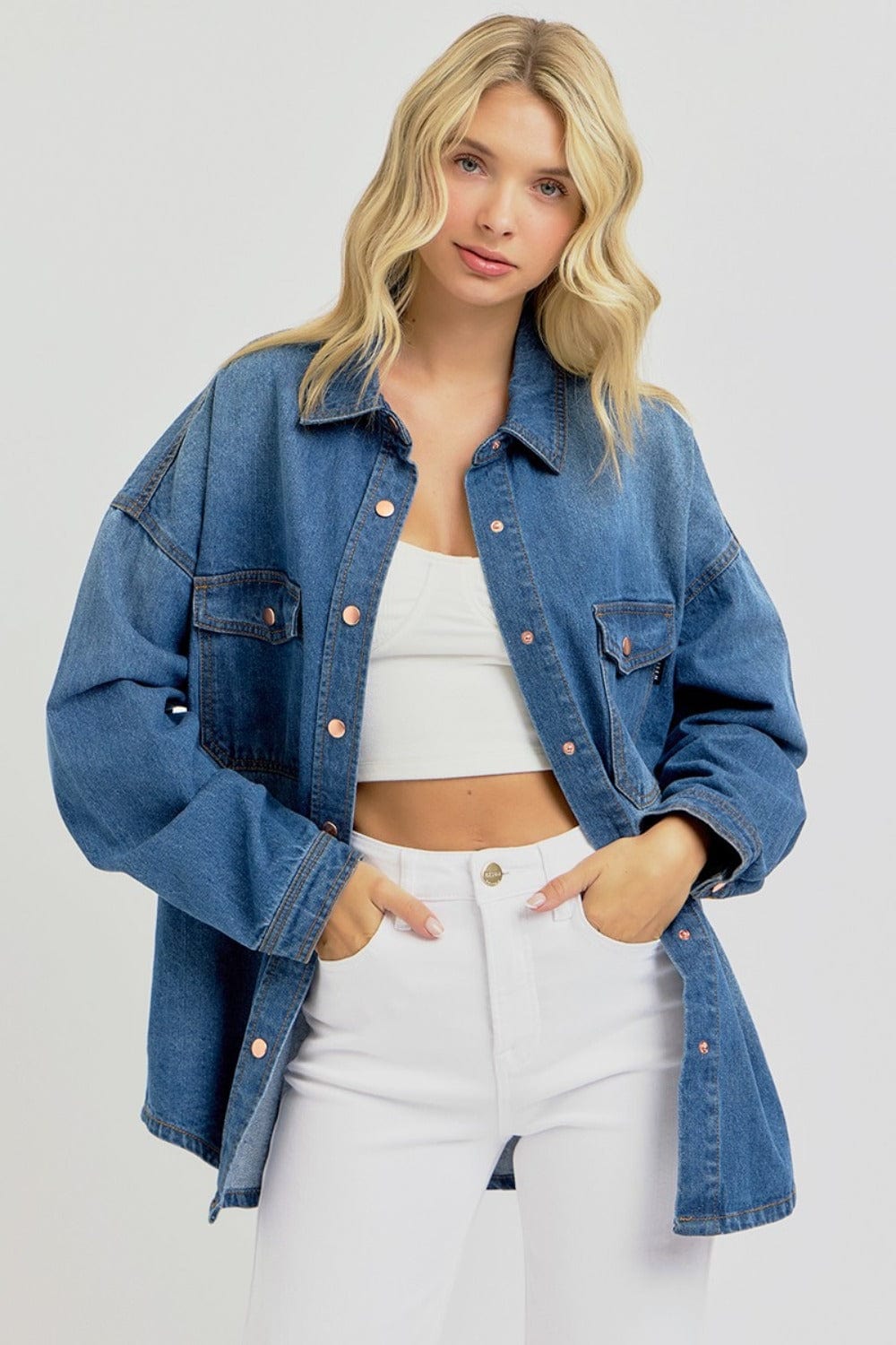 RISEN Full Size Snap Down Long Sleeve Denim Shacket - Trendsi