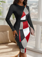 Cutout Color Block Round Neck Long Sleeve Dress - Trendsi