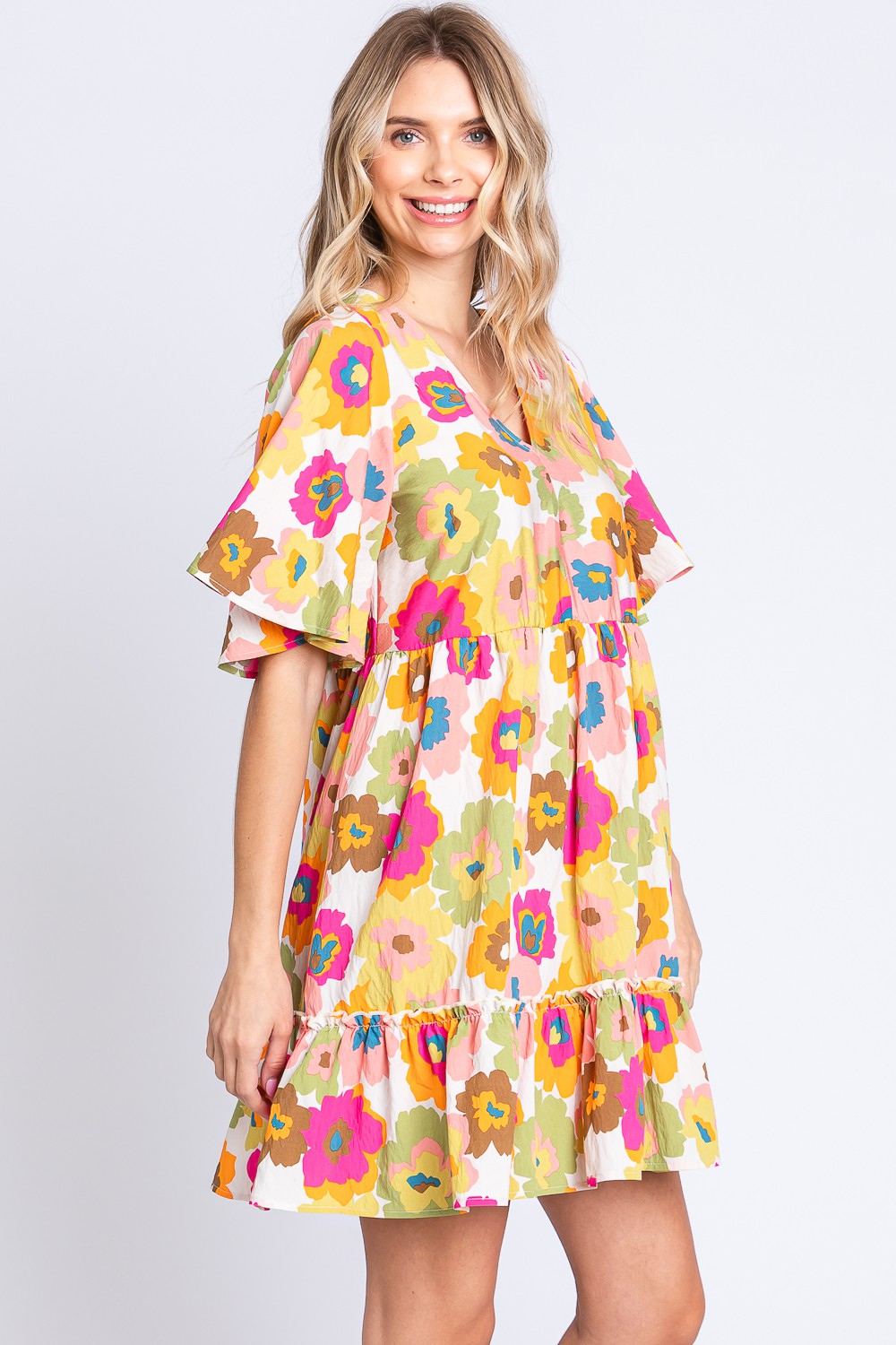 GeeGee Floral V-Neck Ruffle Hem Mini Dress - Flyclothing LLC