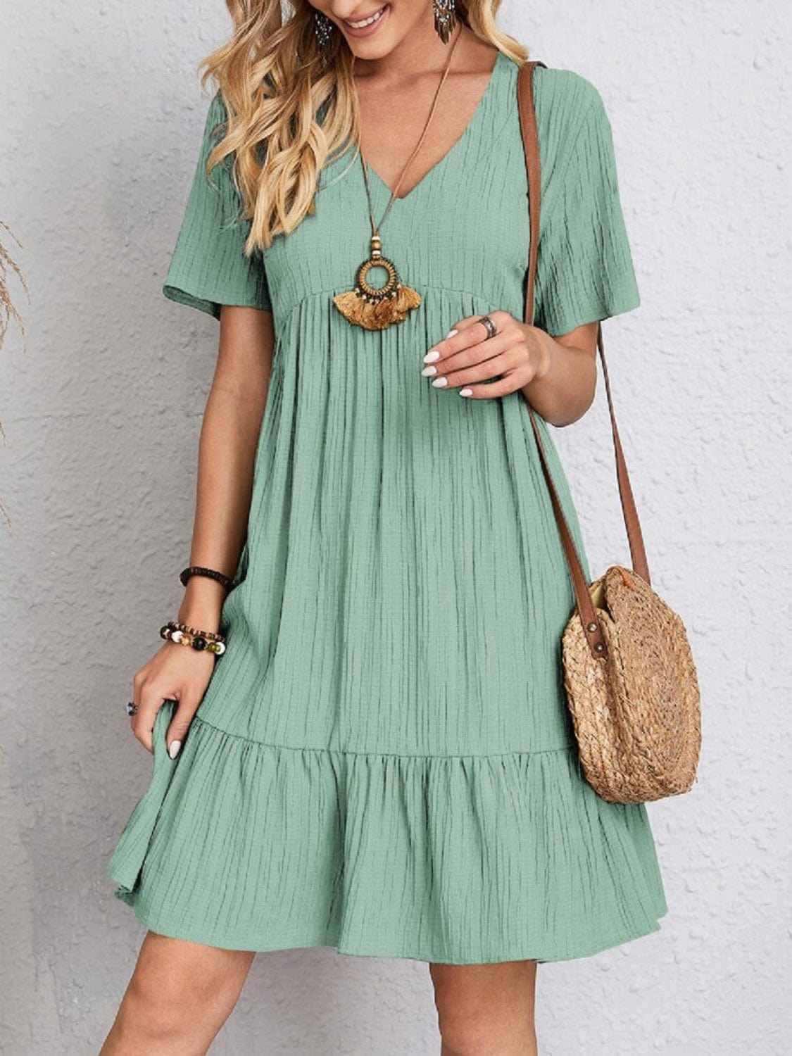 Full Size V-Neck Short Sleeve Dress - Trendsi