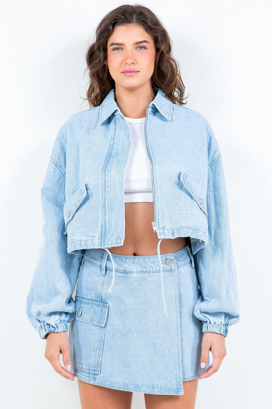 American Bazi Drawstring Waist Crop Denim Jacket - Trendsi