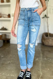 Judy Blue Full Size Distressed Straight Jeans with Patch Pockets - Trendsi