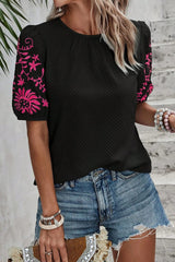 Embroidered Round Neck Short Sleeve Blouse - Trendsi