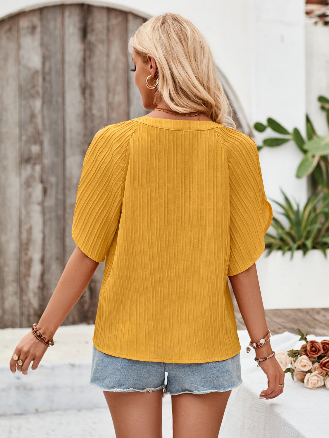 Notched Slit Half Sleeve Blouse - Flyclothing LLC