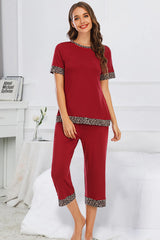 Round Neck Short Sleeve Top and Capris Pants Lounge Set - Flyclothing LLC