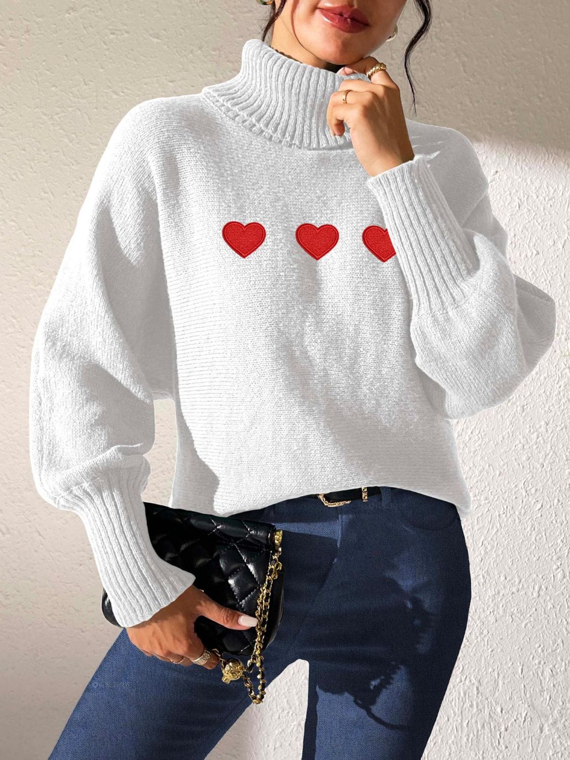 Heart Turtleneck Long Sleeve Sweater - Trendsi