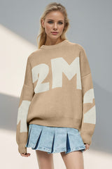 Basic Bae Contrast Letter Round Neck Long Sleeve Sweater - Trendsi