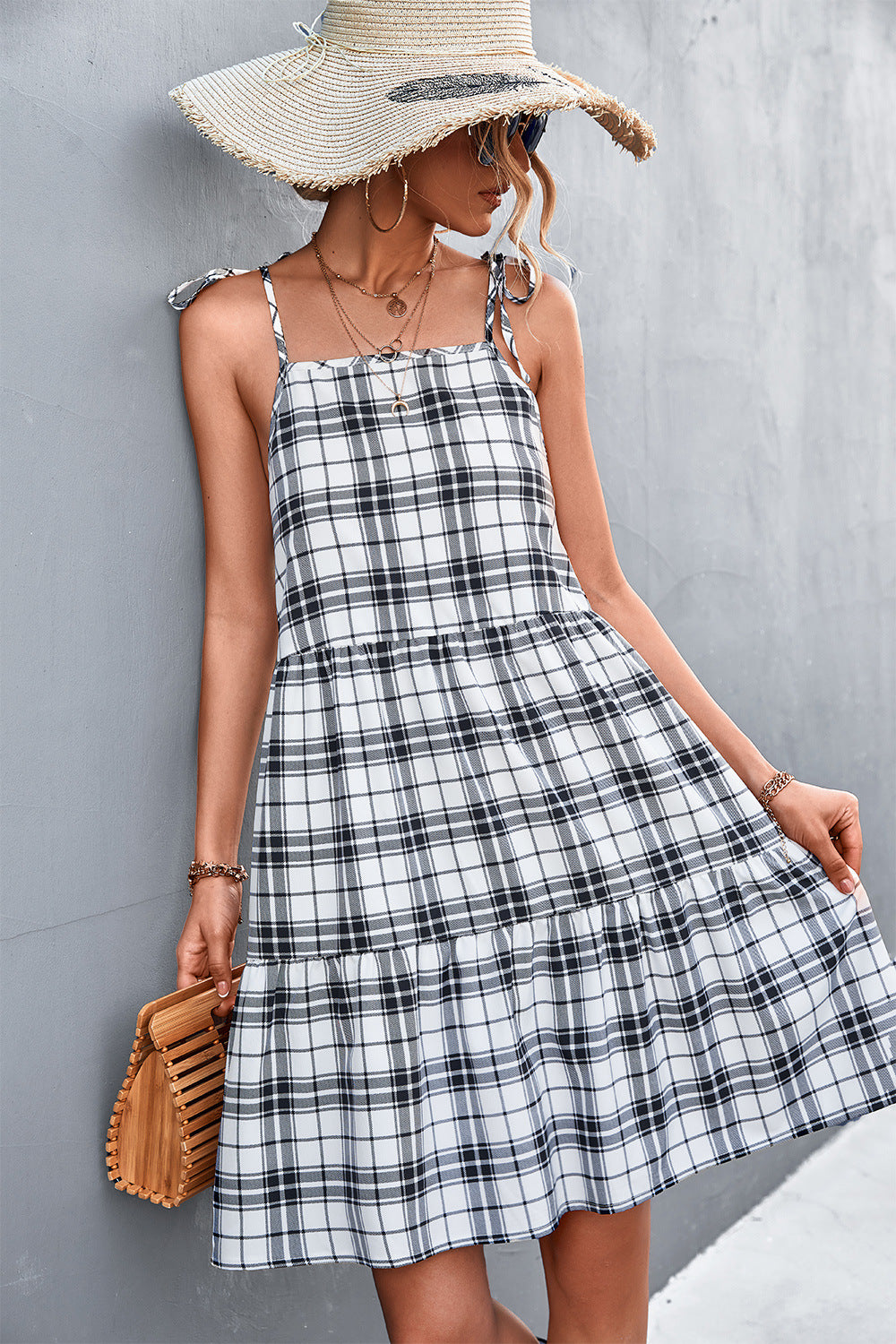 Plaid Tie-Shoulder Tiered Dress Trendsi