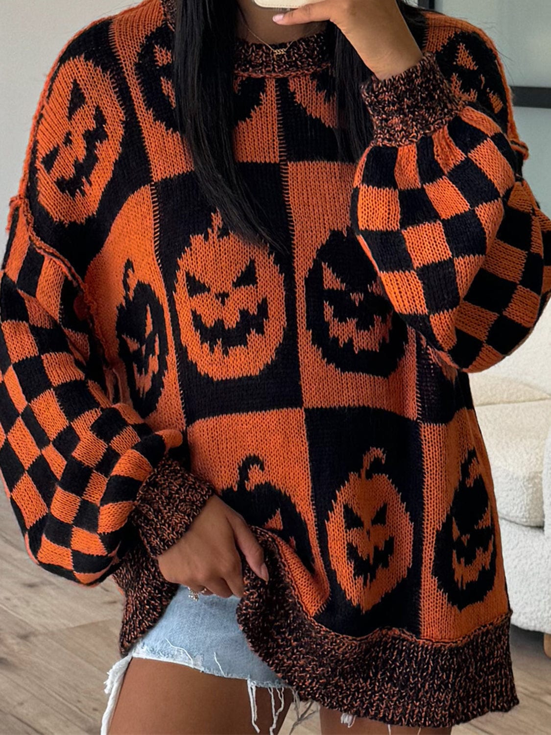 Exposed Seam Pumpkin Round Neck Long Sleeve Sweater - Trendsi