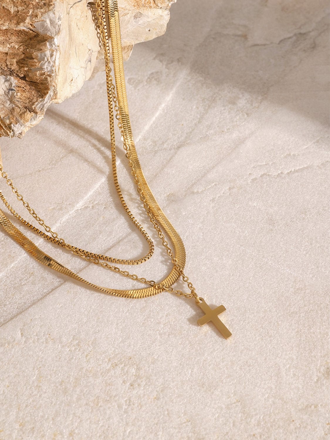 18K Gold-Plated Three-Layered Cross Necklace - Trendsi