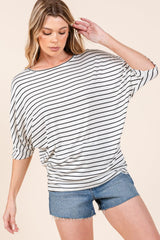 BOMBOM Striped Boat Neck Dolman Sleeve Top - Trendsi