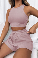 Round Neck Top and Drawstring Shorts Set - Flyclothing LLC