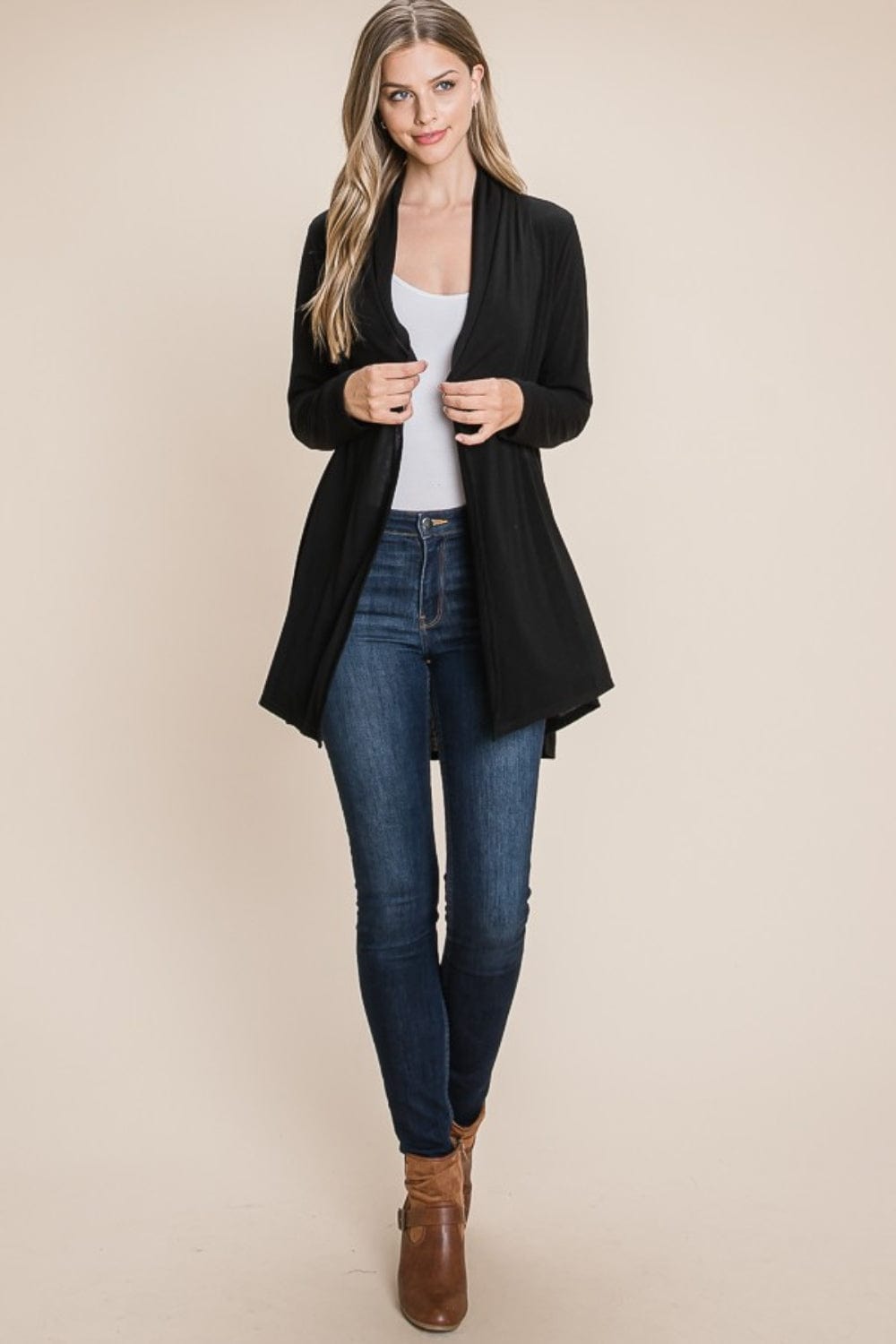 BOMBOM Open Front Long Sleeve Cardigan - Trendsi