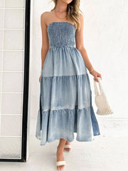 Slit Smocked Tube Tiered Denim Dress Trendsi