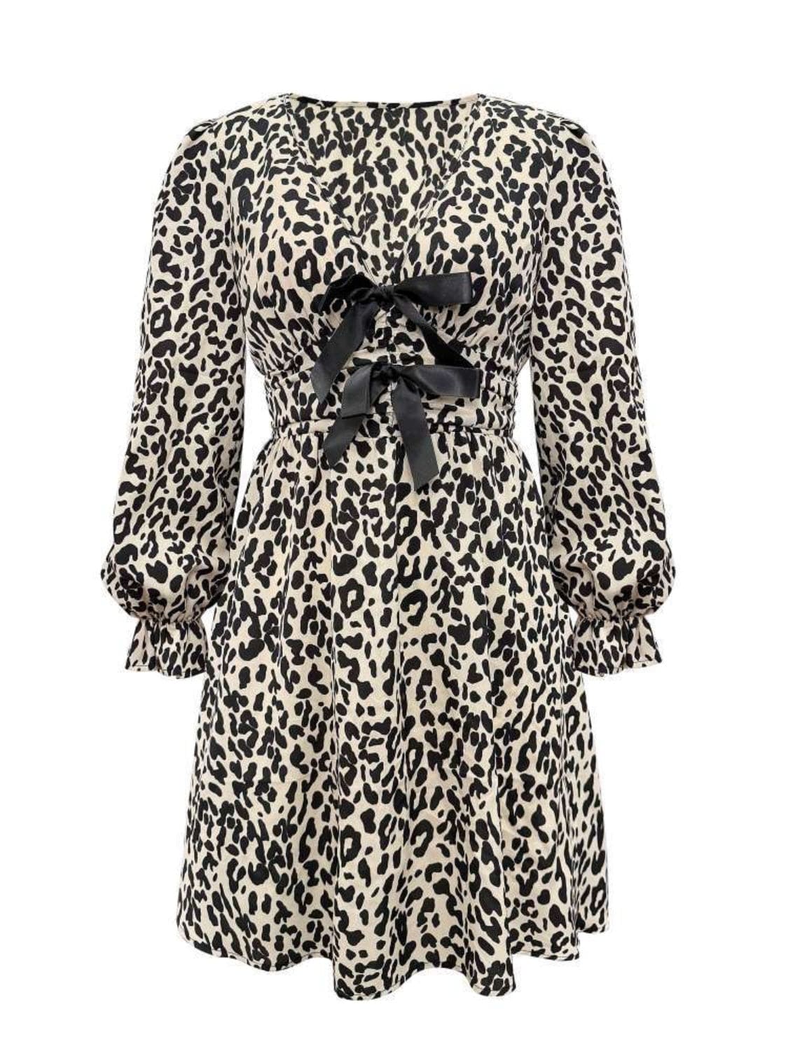 Leopard V-Neck Flounce Sleeve Dress - Trendsi