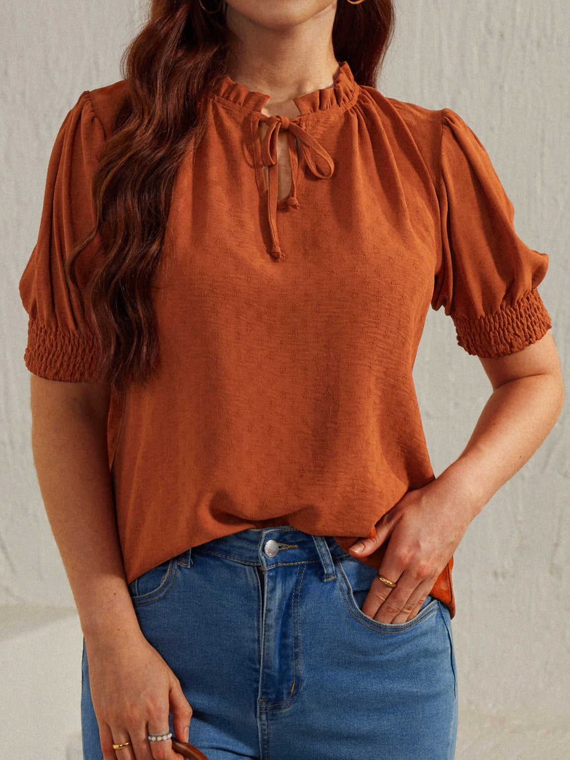 Frill Tie Neck Short Sleeve Blouse