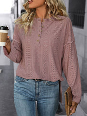 Eyelet Round Neck Long Sleeve Top - Trendsi