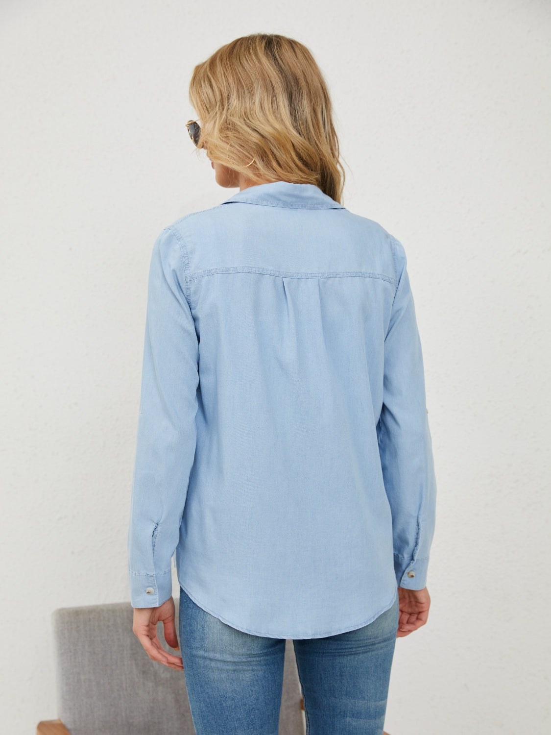 Pocketed Button Up Long Sleeve Denim Shirt - Flyclothing LLC