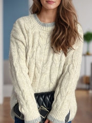 Cable Knit Round Neck Long Sleeve Sweater - Trendsi