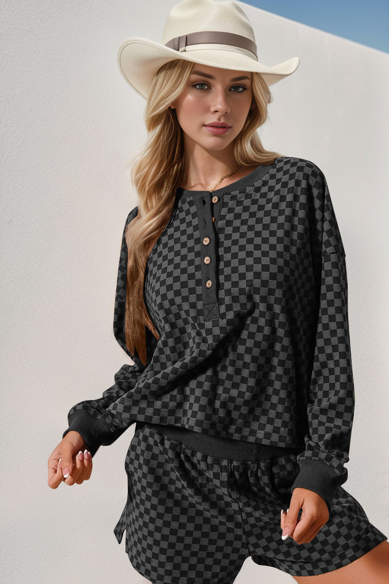 Double Take Checkered Half Button Top and Shorts Set