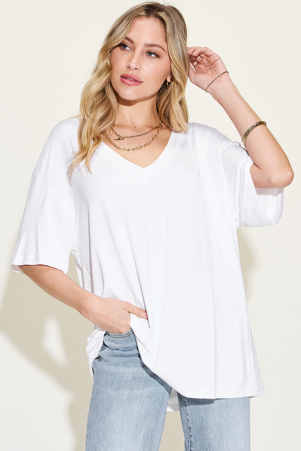 Basic Bae Full Size Bamboo V-Neck Drop Shoulder T-Shirt Trendsi