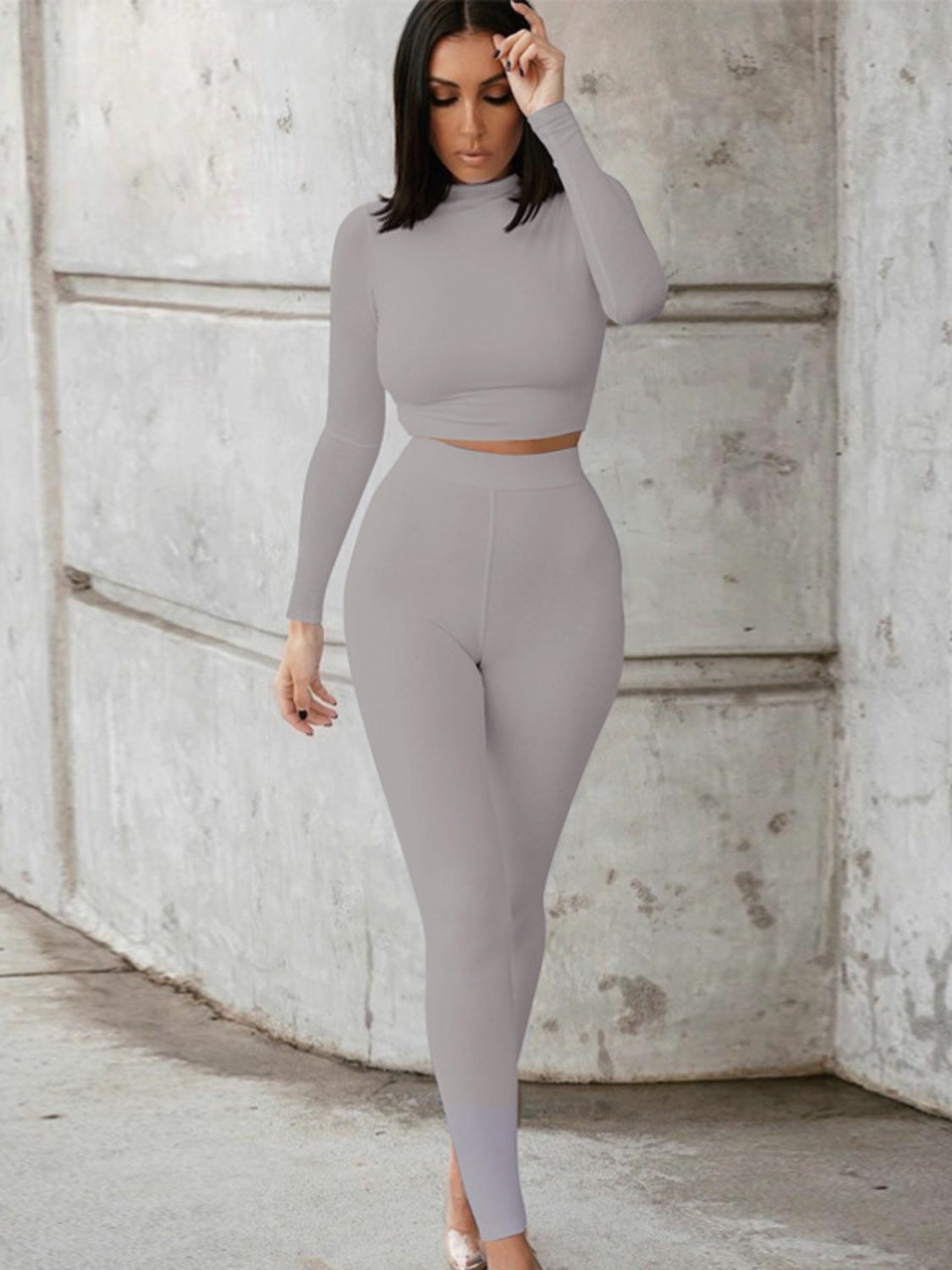 Mock Neck Long Sleeve Top and High Waist Pants Set - Flyclothing LLC