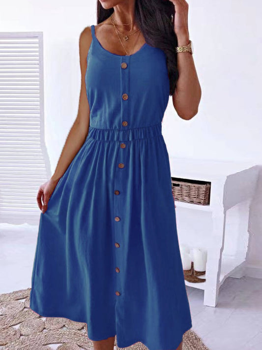 Decorative Button Spaghetti Strap Dress - Flyclothing LLC