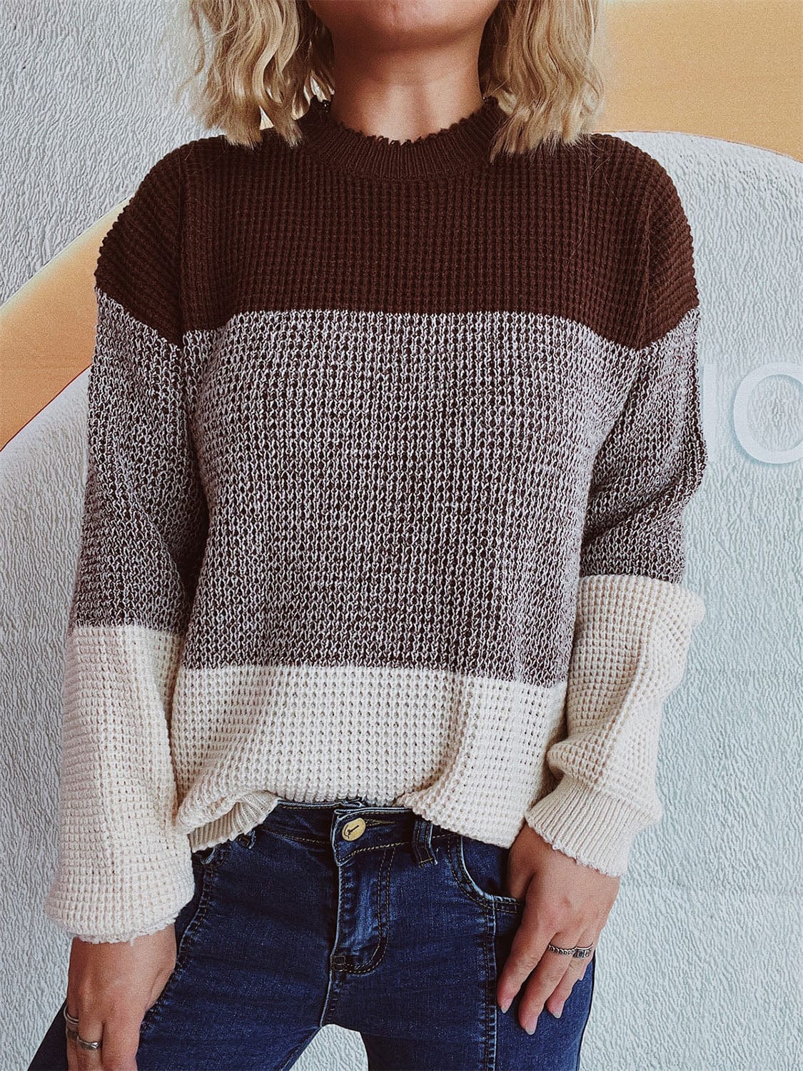 Color Block Long Sleeve Sweater - Trendsi