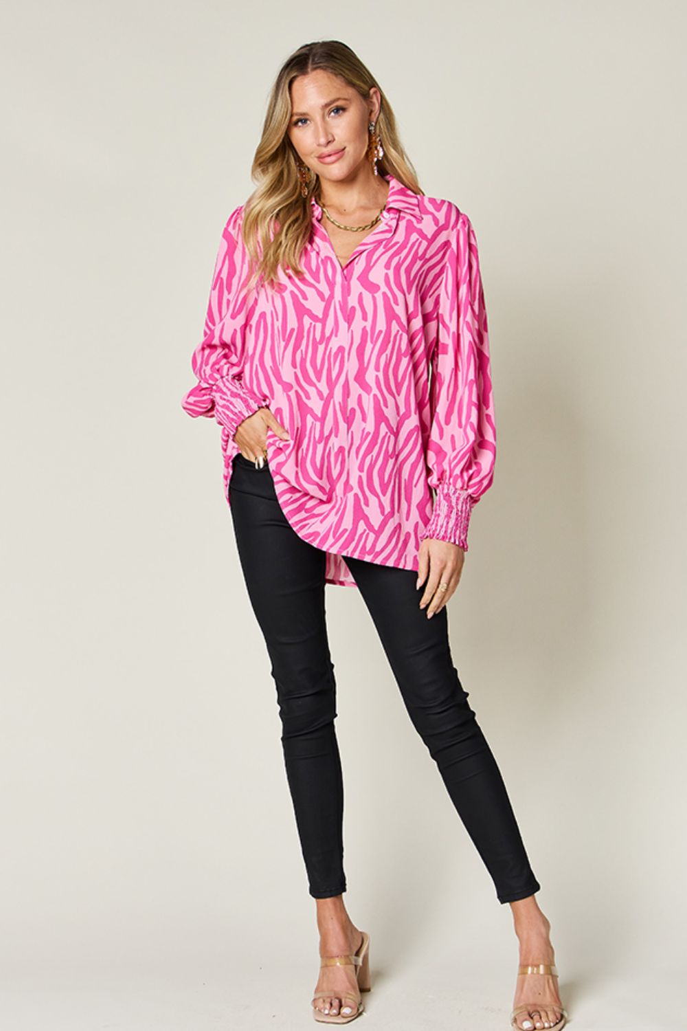 Double Take Full Size Printed Smocked Long Sleeve Blouse - Flyclothing LLC