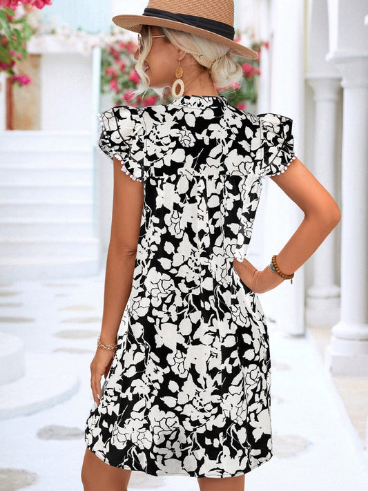 Floral Tie Neck Butterfly Sleeve Dress - Trendsi