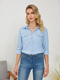 Pocketed Button Up Long Sleeve Denim Shirt - Flyclothing LLC