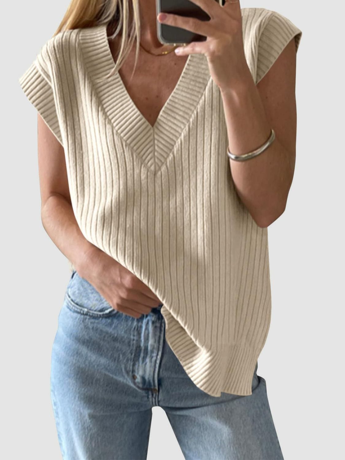 Mandy Ribbed V-Neck Sweater Vest - Trendsi