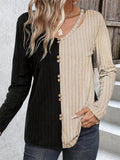 Decorative Button Contrast Round Neck Long Sleeve T-Shirt - Trendsi