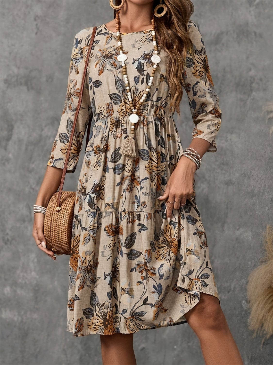 Printed Round Neck Three-Quarter Sleeve Dress - Trendsi