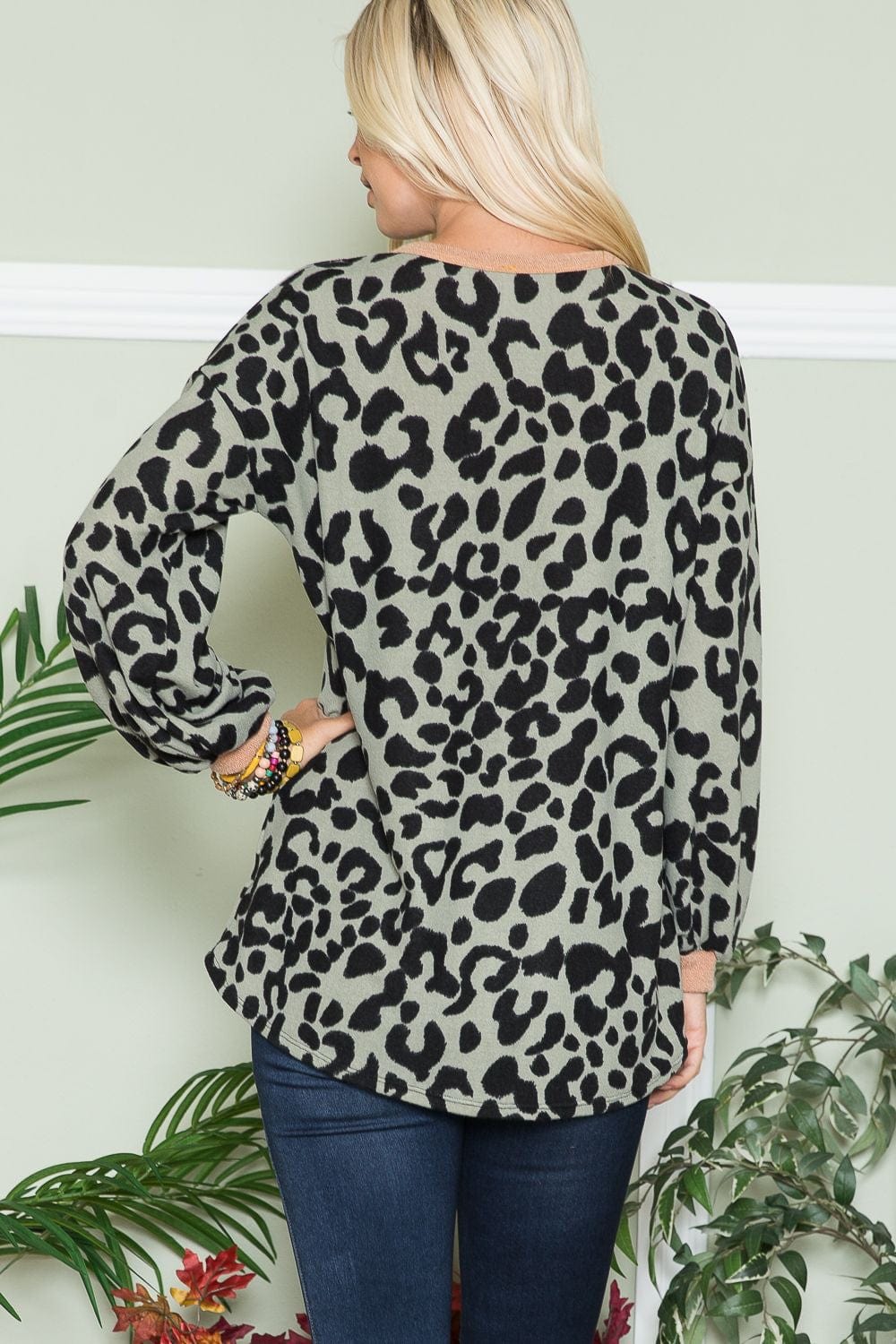 Celeste Full Size Leopard V-Neck Long Sleeve Blouse - Trendsi