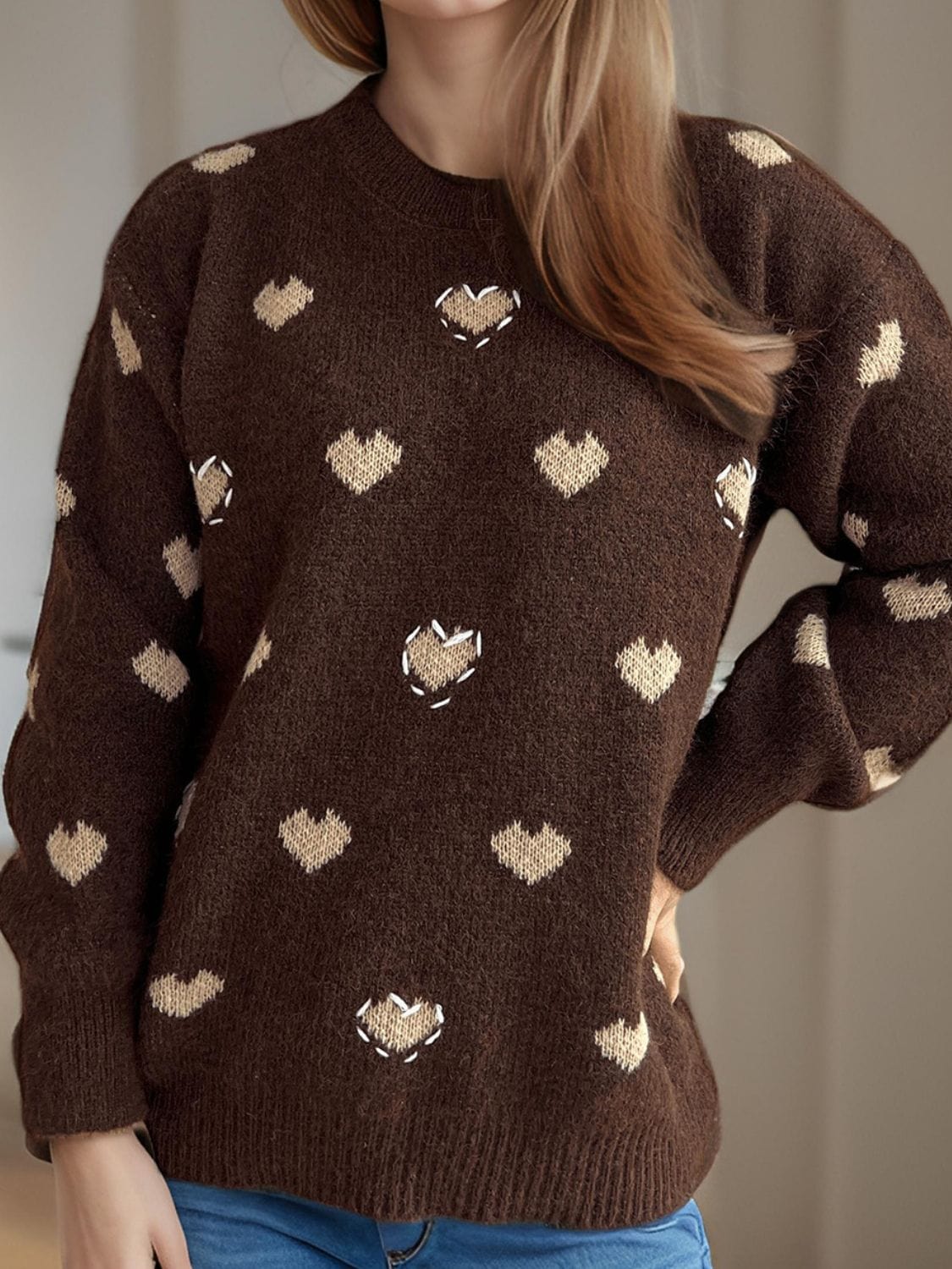 Heart Round Neck Long Sleeve Sweater - Trendsi