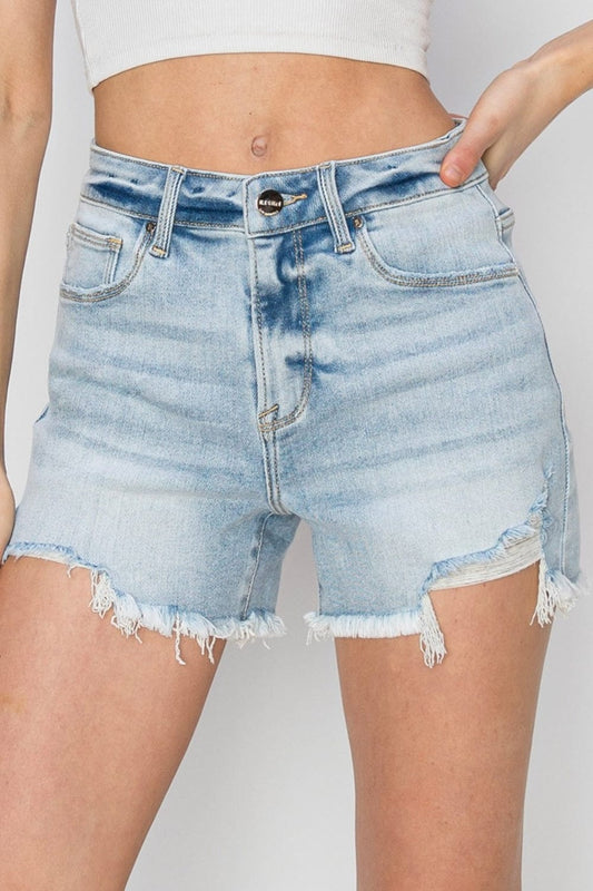 RISEN Full Size High Waist Frayed Detail Denim Shorts - Trendsi