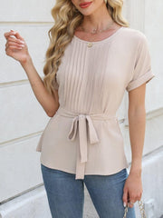 Tied Pleated Round Neck Short Sleeve Top