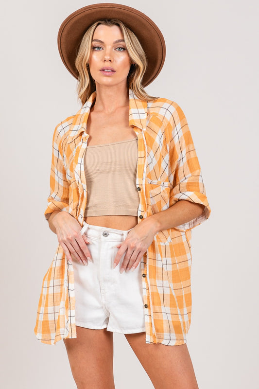 SAGE + FIG Plaid Button Up Side Slit Shirt Trendsi