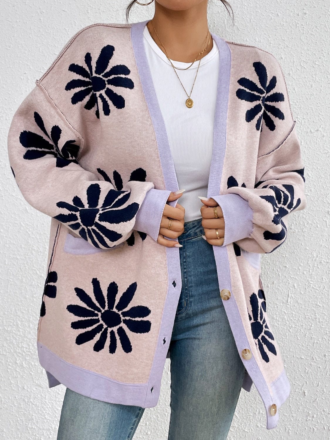 Contrast Dropped Shoulder Long Sleeve Cardigan - Trendsi