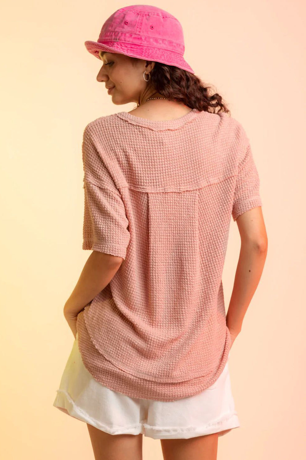 Waffle-Knit Notched Half Sleeve T-Shirt Trendsi