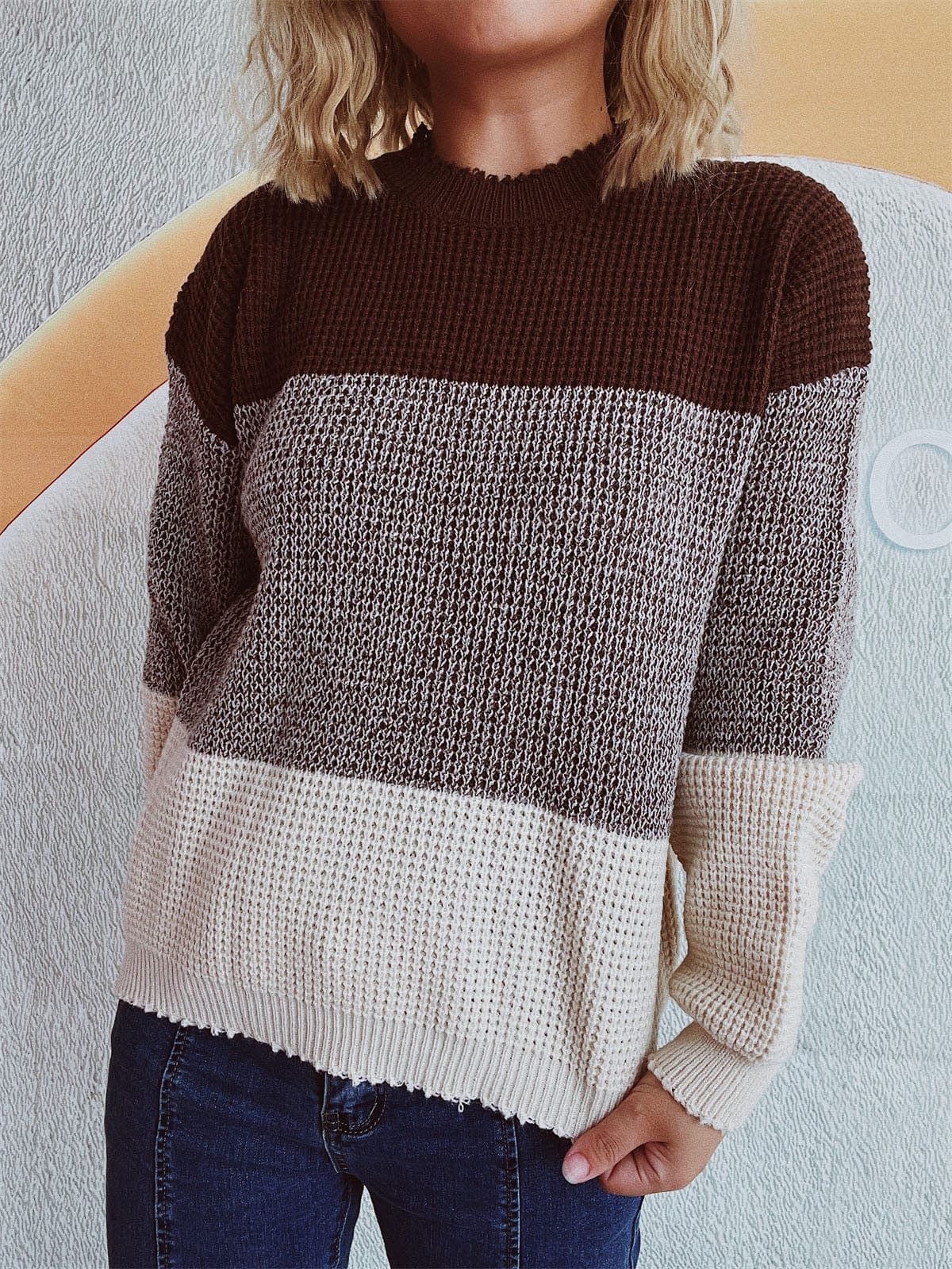 Color Block Long Sleeve Sweater - Trendsi