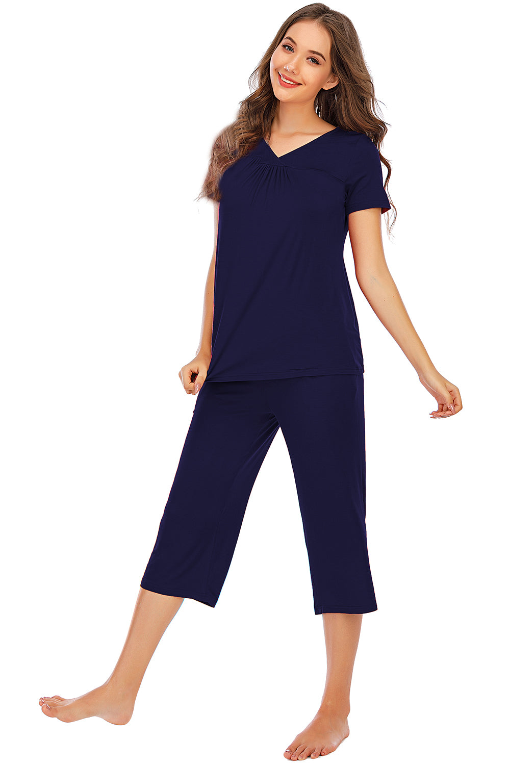 V-Neck Short Sleeve Top and Pants Lounge Set - Flyclothing LLC