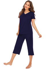 V-Neck Short Sleeve Top and Pants Lounge Set - Flyclothing LLC