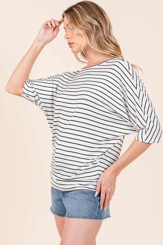 BOMBOM Striped Boat Neck Dolman Sleeve Top - Trendsi