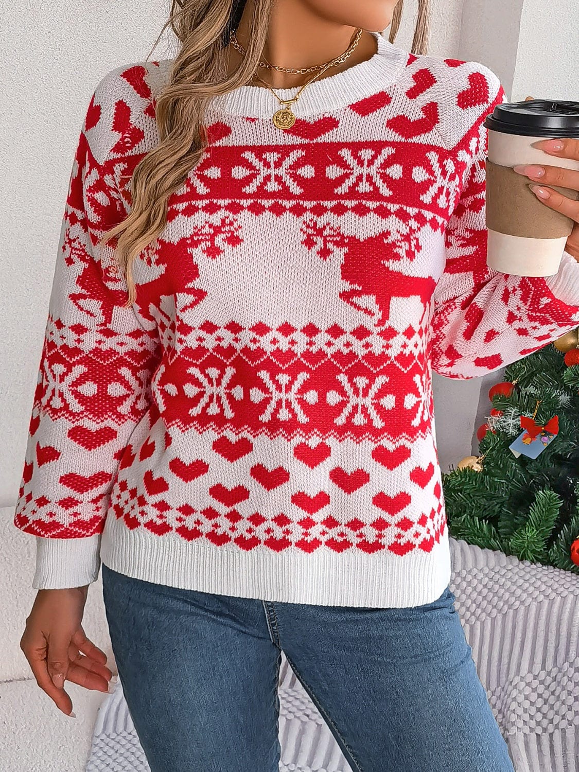 Christmas Element Round Neck Long Sleeve Sweater - Trendsi