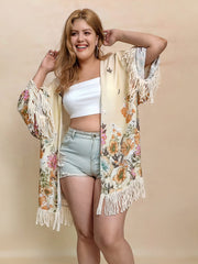 Plus Size Fringe Printed Open Front Cardigan - Trendsi